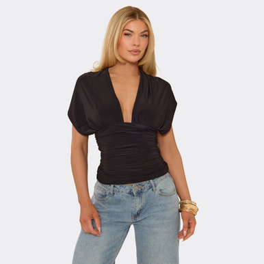 トップス FRANGANT Torso tops BLACK Short Sleeve Plunge Front Tie Back Detail Top In Black Slinky