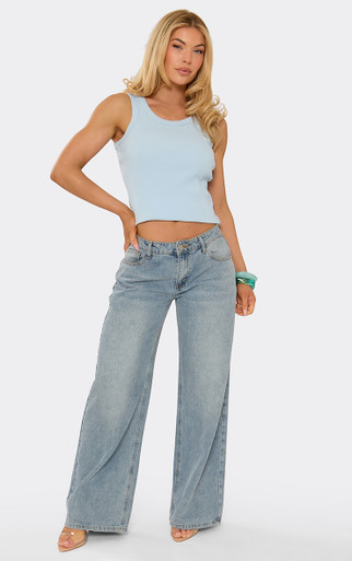 Sleeveless Scoop Neck Crop Vest Top In Blue Ribbed | EGO US | EGO
