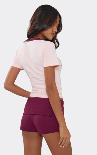 Fold Over Waist Graphic Detail Hot Pant Shorts In Burgundy | EGO