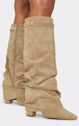 Chella Lock Detail Pointed Toe Knee High Slouched Boot In Taupe