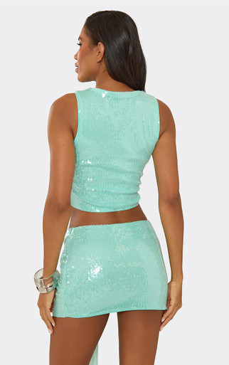 Mid Rise Knot Drape Front Mini Skirt In Blue Sequin | EGO US | EGO