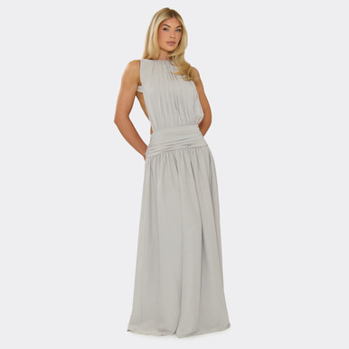 charcoal grey slinky backless high neck tie maxi dress Kaiia Slinky Low Back Maxi Dress Charcoal