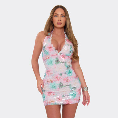 maeve bead & floral sequin halter mini dress Liv Foster- Maeve Beaded Mini Dress