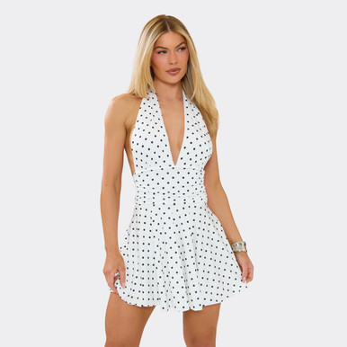Plunge Front Flippy Hem Mini Dress In White Polka Dot | EGO US | EGO