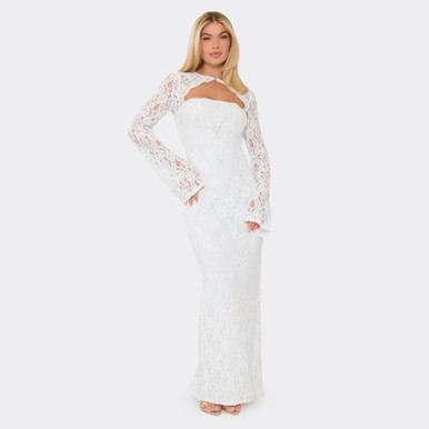 Long Sleeve Cut Out Front Maxi Dress In White Lace, Women's Size US 2 - EGO