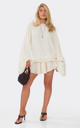 Long Balloon Sleeve Puffball Mini Dress In Cream Chiffon | EGO US