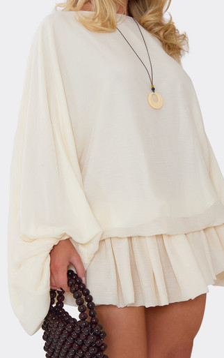 Long Balloon Sleeve Puffball Mini Dress In Cream Chiffon | EGO EU