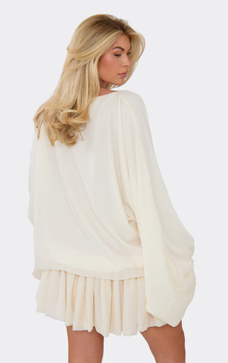 Long Balloon Sleeve Puffball Mini Dress In Cream Chiffon | EGO US