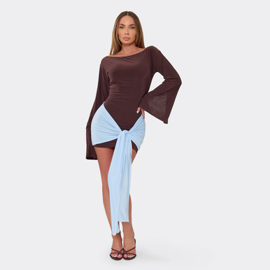 Long Flared Sleeve Contrast Drape Detail Mini Bodycon Dress In Chocolate  Brown Slinky | EGO UK | EGO