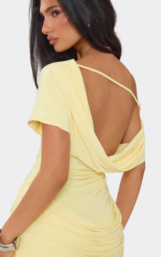 red ruched cocktail dress Miss Circle Women Dahlina Waist High Slit Midi Size:9/10 (L) Mid-Calf Elegant One Shoulder Ruffle up open back brings
