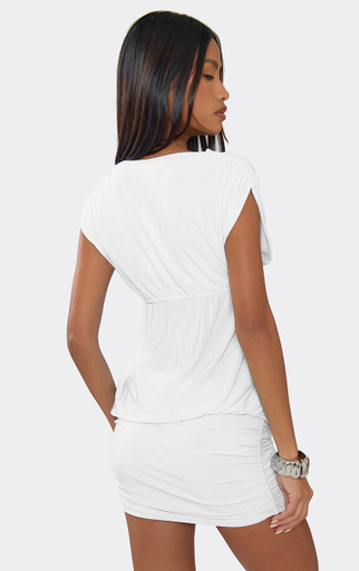 white ruched dress short sleeve Plunge Neck Short Sleeve Tie Front Ruched Mini Dress In Ivory | EGO US