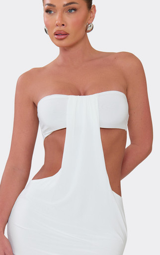 embellished cut-out bandeau maxi dress in white Massima | White Lace Bandeau Maxi Dress With Scarf-Detail Club L London