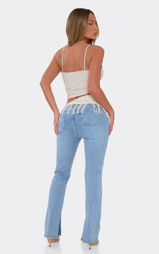 Mid Rise Crochet Wrap Detail Split Hem Jeans In Light Blue Denim