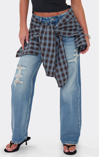 Mid Rise Flannel Wrap Detail Distressed Ripped Jeans In Blue Denim