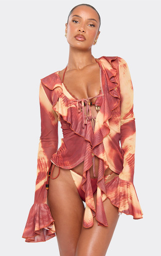 Long Sleeve Tie Front Frilled Beach Top In Rust Abstract Print