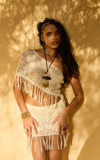 One Shoulder Tassel Hem Top In Cream Crochet Knit | EGO US | EGO