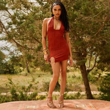 Plunge Halterneck Trim Detail Mini Dress In Rust Texture | EGO US