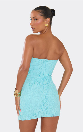 bandeau lace-up mini dress in mid blue stonewash Bandeau Mini Dress In Aqua Blue Lace