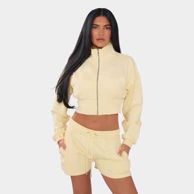 Long Sleeve Zip Up Jacket And Drawstring Waist Sweat Shorts Co-Ord