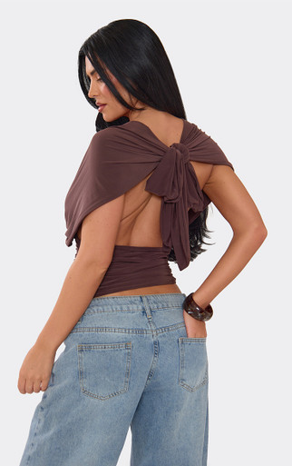 Short Sleeve Open Tie Back Detail Top In Chocolate Brown Slinky
