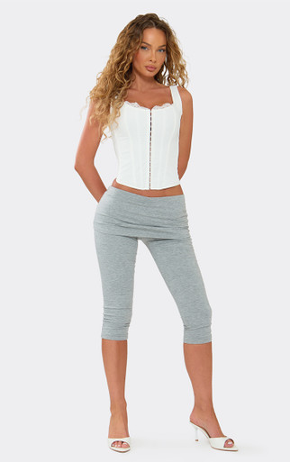 Low Rise Fold Over Waist Detail Fitted Capri Trousers In Grey