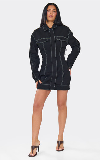 black denim dresses for women Western Belted Dress Pocket Detail Long Sleeve Cinch Waist Mini