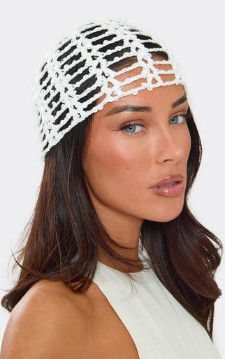 Sequin Detail Hat In White Crochet Knit | EGO US | EGO