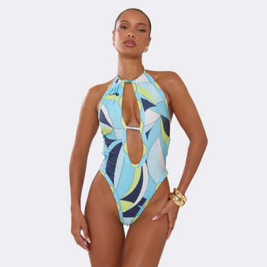 Halterneck Bead Detail Cut Out Swimsuit In Multi Abstract Print