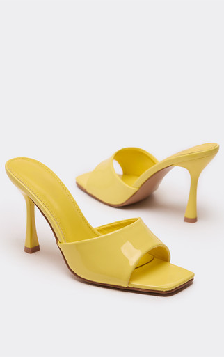 Gaia Square Peep Toe Stiletto Heeled Mule In Yellow Patent | EGO
