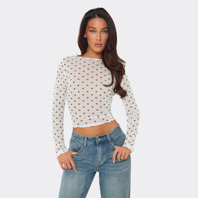 Long Sleeve Top In White Polka Dot Mesh | EGO UK | EGO