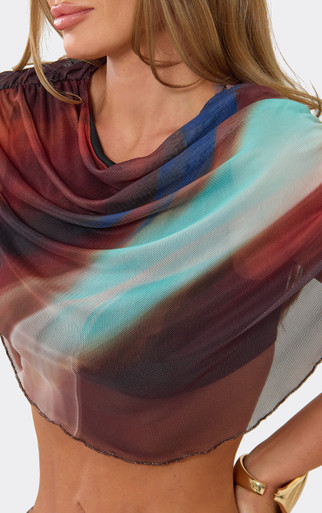 Short Sleeve Cape Top In Brown Abstract Print Mesh | EGO US | EGO