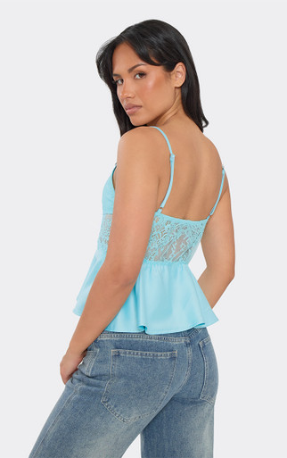 Strappy Lace Detail Cami Top In Aqua Blue Satin | EGO US | EGO