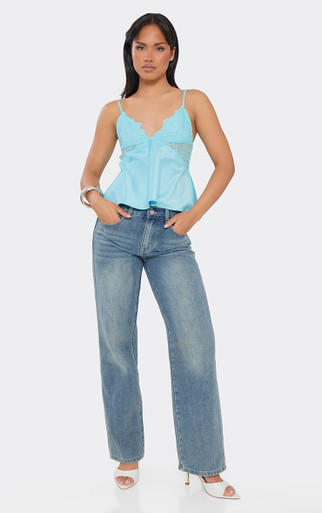 Strappy Lace Detail Cami Top In Aqua Blue Satin | EGO US | EGO