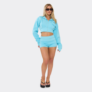 Long Sleeve Pocket Detail Cropped Hoodie In Blue | EGO US | EGO