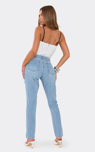 High Waist Distressed Boyfriend Jeans In Mid Blue Denim | EGO US | EGO