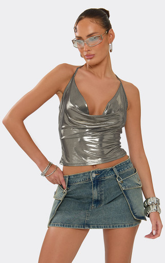 Cowl Halterneck Strappy Top In Silver Metallic. | EGO US | EGO
