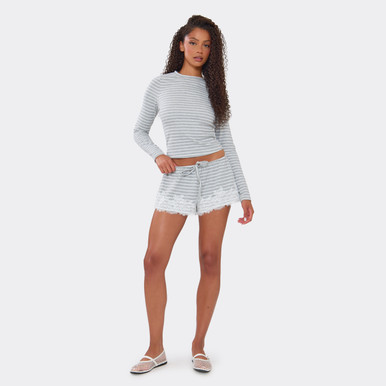 Drawstring Waist Lace Trim Shorts In Grey Striped Soft Jersey