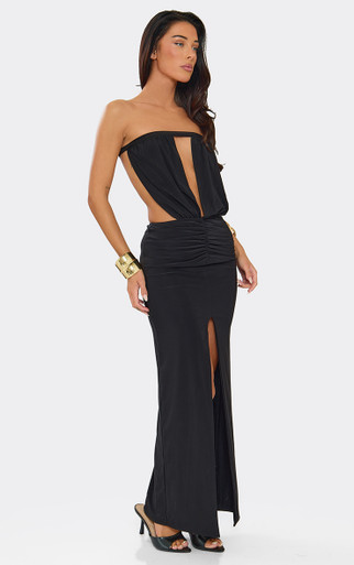 Bandeau Cut Out Detail Split Front Maxi Dress In Black | EGO UK