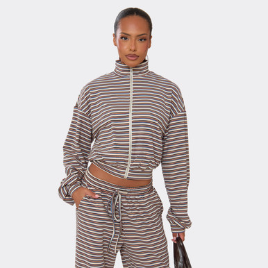 Long Sleeve High Neck Zip Up Front Jacket In Multi Soft Stripe