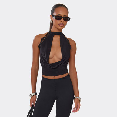 【MONOF】KEY NECK CUT TOPS High Neck Lace Trim Keyhole Cut Out Top In Black | EGO US | EGO