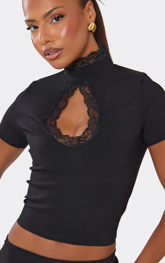 Short Sleeve High Neck Lace Trim Keyhole Cut Out Top In Black