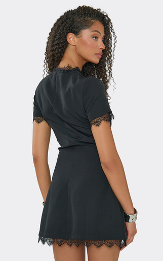 Short Sleeve Lace Trim A-Line Cut Out Mini Dress In Black | EGO UK