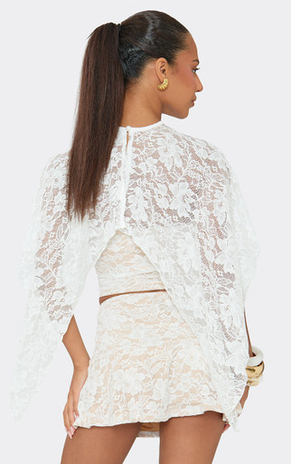 Bandeau Cape Detail Top And Mini Skirt Co-Ord Set In Cream Lace