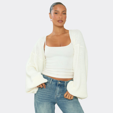 Long Cuffed Balloon Sleeve Bolero In Cream Knit | EGO US | EGO