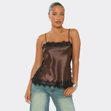 Strappy Square Neck Contrast Lace Cami Top In Brown Satin | EGO US