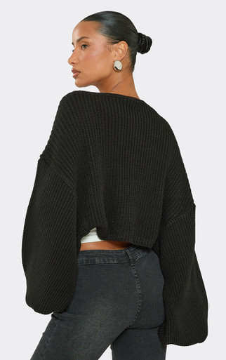 Long Cuffed Balloon Sleeve Bolero In Black Knit | EGO UK | EGO