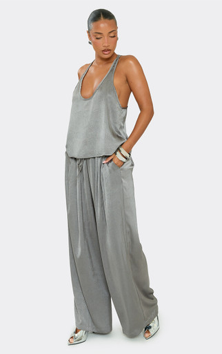 Sleeveless Scoop Neck Racer Back Cami Top In Grey Satin | EGO US | EGO
