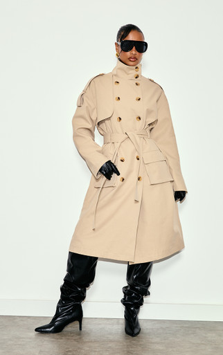 Funnel Neck Belted Longline Trench Coat In Beige | EGO US | EGO