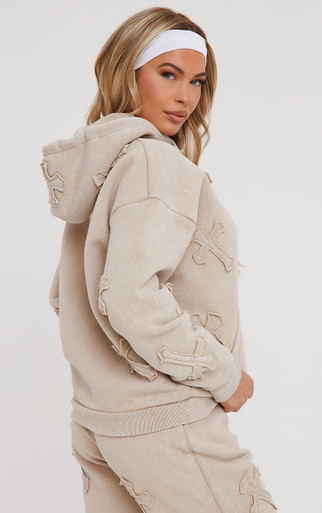 Cross Patch Detail Oversized Hoodie In Acid Wash Stone | EGO