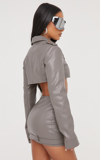 Zip Detail Cropped Biker Jacket In Grey Faux Leather | EGO US | EGO